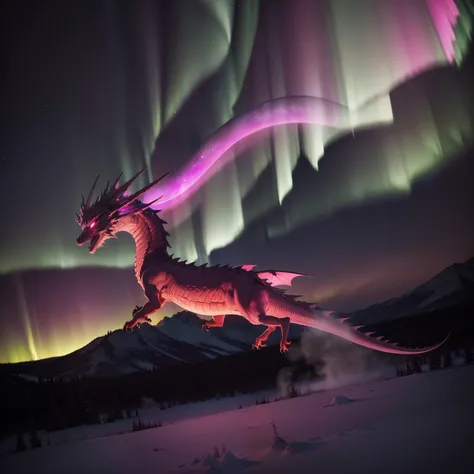 Pink Dragon Chasing Something, high quality photograph, CCTV Footage - Style Raw - AR 2:3 - 200 years//Aurora Borealis in Canadian Yellowknife