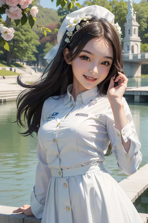 A beautiful girl，A sweet smile，（Face details：1.2），Wearing a white uniform，fresh flowers，lakes，parks