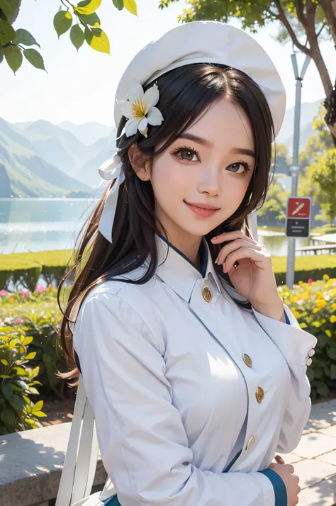 A beautiful girl，A sweet smile，（Face details：1.2），Wearing a white uniform，fresh flowers，lakes，parks