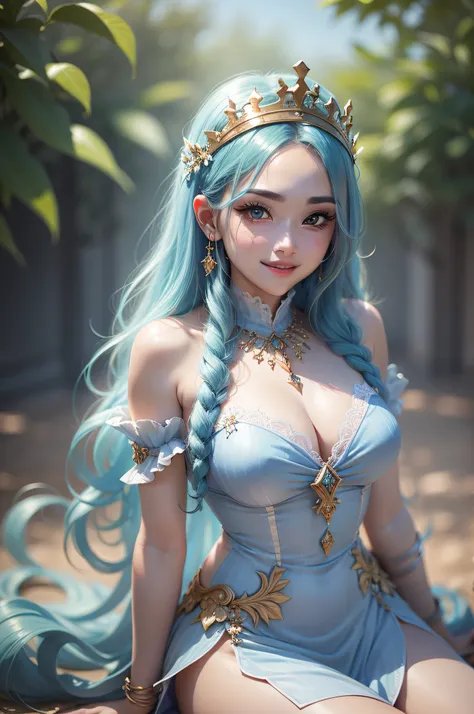 The personification of Nicaea in Greek mythology 、infp young woman、Goddess of Victory、Expensive dresses with blue base、Light blue hair、Miss Kings Tiara、Sophisticated illustrations、Big eyes、Transparent eyes、Beautiful makeup、long eyeslashes、A smile、Smile、、So...