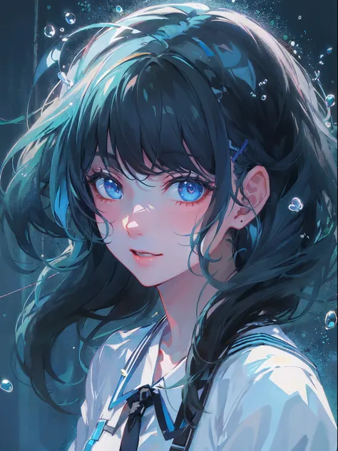 ((top-quality)), ((​masterpiece)), ((ultra-detailliert)), (extremely delicate and beautiful), girl with, 独奏, cold attitude,((Black jacket)),She is very(relax)with  the(Settled down)Looks,A dark-haired, depth of fields,evil smile,Bubble, under the water, Ai...