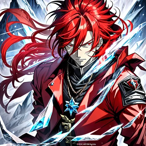 Anime characters with long red hair and red eyes in snowy landscapes, Ice Mage,Tall anime guy with red eyes, freezing blue skin, Key anime art, Kazuto Okada。, male anime character, Ice crystal armor, Detailed key anime art, full portrait of magical knight,...