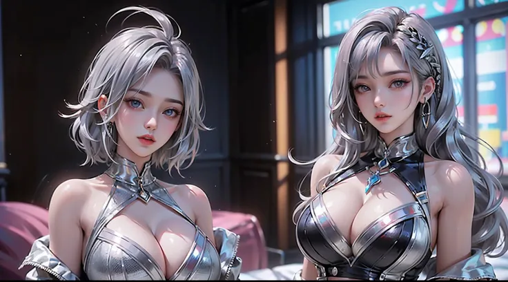 ((Realistic light、top-quality、8K、​masterpiece:1.3))、1girl in、A pretty woman with perfect figure:1.4、abdominals:1.1、(Silvery hair、huge-breasted:1.5)、Red dress:1.2、、a bed、hyperdetailed face、A detailed eye、二重まぶた、perfect hands perfect fingers perfect breasts p...