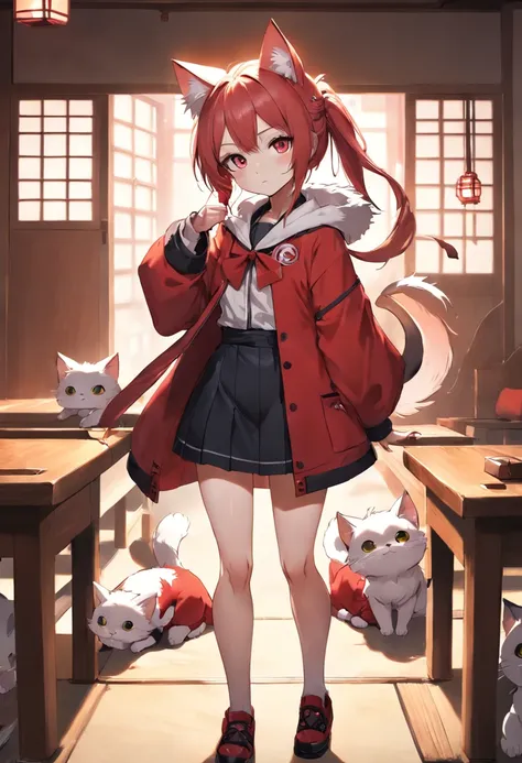 Anime girl with mouse ears and red coat on tatami room, Cat girl around，anime style 4 k, kawacy, Anime girl with cat ears, anime catgirl, Anime art wallpaper 8k, beautiful anime catgirl, cute anime catgirl, badass anime 8 K, anime art wallpaper 4k, anime a...