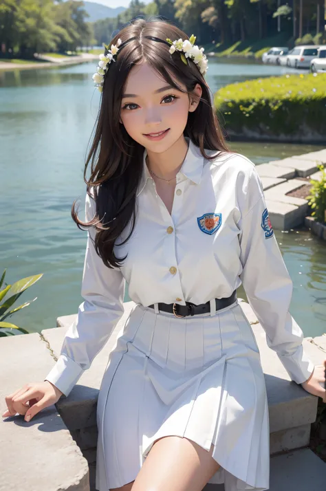 A beautiful girl，A sweet smile，Wearing a white uniform，fresh flowers，lakes，parks