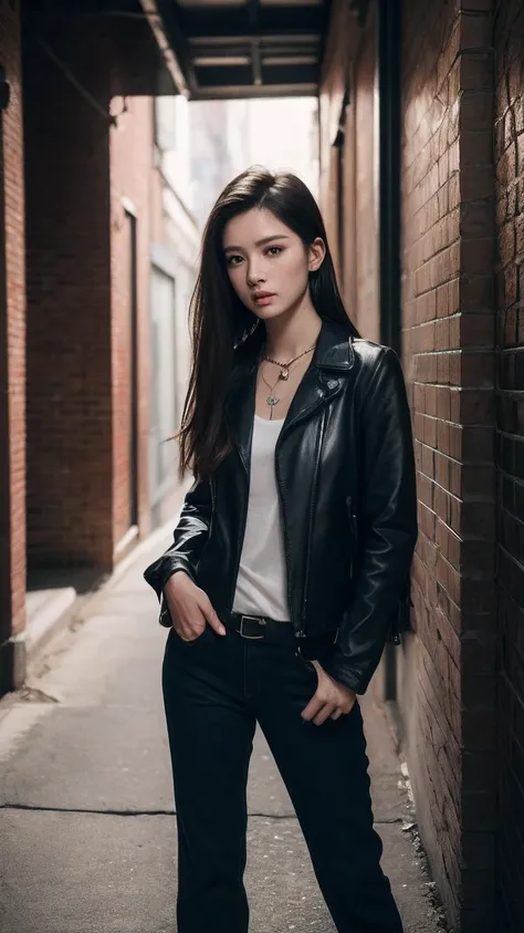 1个Giant Breast Girl，独奏，asiagirl，Complicated details，color difference，realisticlying，exquisite facial features，long whitr hair，，Purple highlights，Long black and shiny hair，pretty eyes，long necklace，Neon shirt，Torn leg pants，Open jacket，Open-collared turtlen...