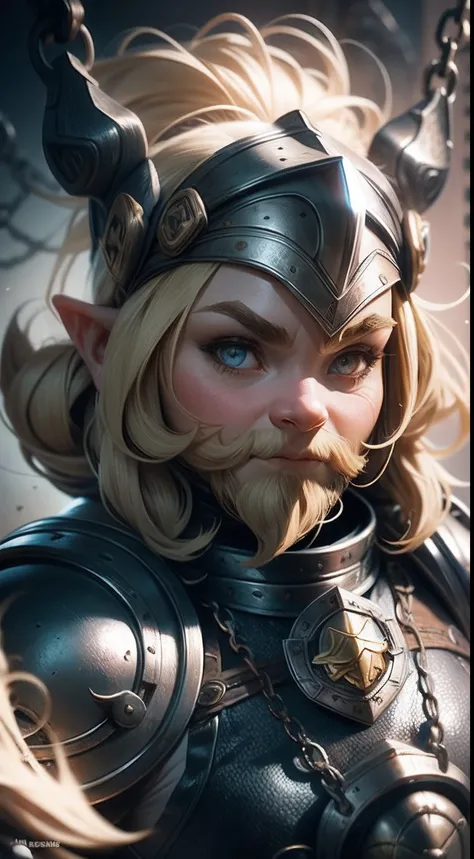 Female dwarf warrior in the center of the image, short body, Big head,Blonde hair and realistic beard, Big nose, Wear leather and chain mail, The characters at a glance, dwarf