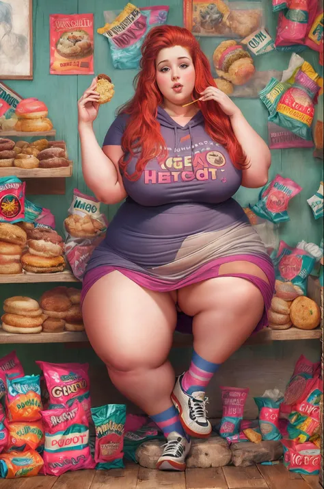 Fat woman, saggy big boobs, saggy belly, eating junk food,tight dress, large ass, 1girl,  fat shoulders, auburn long hair, masterpiece, best quality, shoes, full body, posing for a picture, beautifully color-coded, socks, scrunchbutt leggings white backgro...