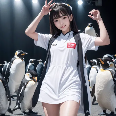 (8K、RAW Photos、top-quality、​masterpiece:1.5)、(realisitic、Photorealsitic:1.5)、ultra-detailliert、超A high resolution、lighting like a movie、(((Idols who love penguins)))、(((Japan 16 year old girls)))、(((Wearing a cute costume with a penguin motif)))、(A lot of ...