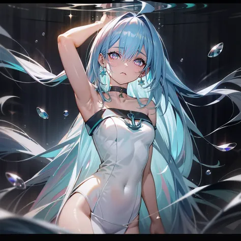 1girll, Solo, ahoge, Expressive hair, Absurdly long hair, hair splayed out, hair slicked back, anchor choker, Multicolored eyes, aqua eyes, pupils sparkling, Colored Contact Lenses, Crystal earrings, Dingdall effect, underwater shot, (Masterpiece:1, 2), ex...