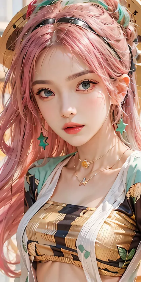 Photorealistic, high resolution, Soft light,1womanl, Solo, Hips up, (Detailed face), Nami (One Piece), tattoo, jewelry,Pink and green hair, Colored eyes, komono, Mitsu DS