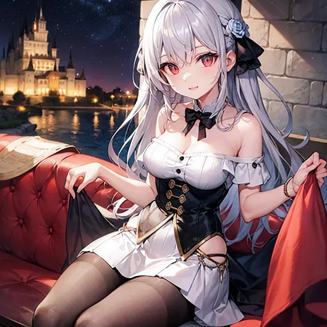 wavy silver hair、red eyes、beautiful girl alone、doress、off shoulders、a miniskirt、western-style castle、roses、black tights