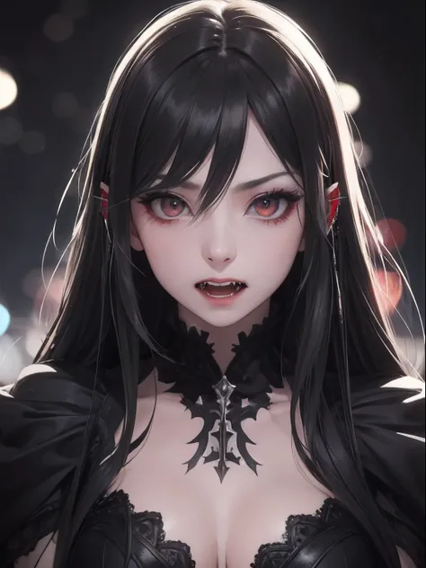 The ultra -The high-definition、Detailed writing、watercolor paiting、Pale shades、(Expressing fear in black:1.7)、Very beautiful hair、femele、(Beautiful vampires)、(Vampire Fangs:1.6)、Red Eyes、Wearing elaborate costumes and ornaments、sabre、Inspiring black backgr...