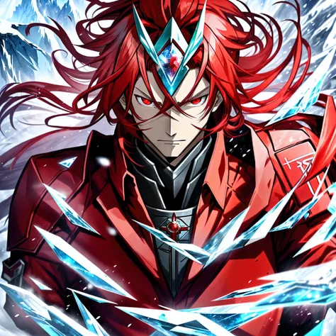 Anime characters with long red hair and red eyes in snowy landscapes, Ice Mage,Tall anime guy with red eyes, freezing blue skin, Key anime art, Kazuto Okada。, male anime character, Ice crystal armor, Detailed key anime art, full portrait of magical knight,...