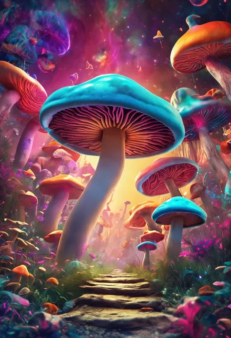 magic world, floating mushrooms, acid trip, lsd