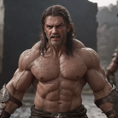 (professional 3d render:1.3) af (Realistic:1.3) most beautiful artwork photo in the world，Features soft and shiny male heroes, ((Epic hero fantasy muscle man rough wet hero angry look long hair short beard and ferocious expression in dynamic pose, Fantasti...