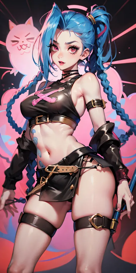 jinx,having fun，Student clothing，Superskirt，Crop topping，cute-style，highly rendered，detailed face with，Fleshy thighs