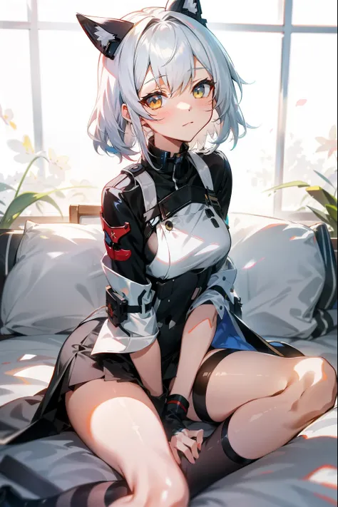 Anime girl sitting on bed，There is a cat on his lap, Kantai collection style, from girls frontline, Perfect white haired girl, azur lane style, girls frontline style, anime visual of a cute girl, small curvaceous loli, anime moe art style, Smooth anime CG ...