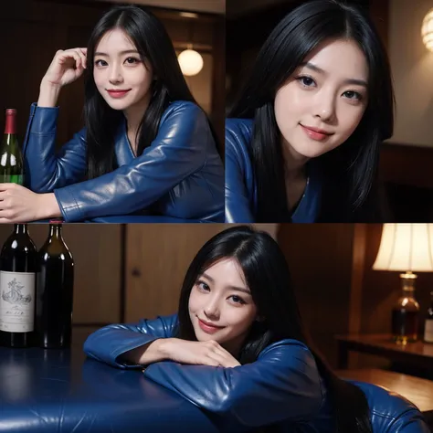 masutepiece,A hyper-realistic,32K,the Extremely Detailed CG Unity 8K Wallpapers, Best Quality,Gorgeous Japan Woman,(Blue Leather Classic Dress),(Colorful long hair),Gothic makeup,Mouth open,(Being drunk),resturant,(bottom shot),(Have a bottle of liquor),Sm...