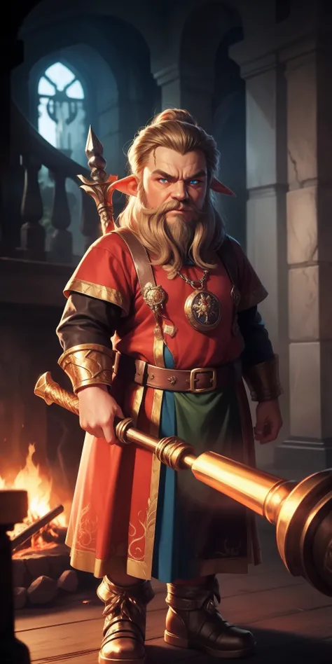 A dwarf with fiery eyes, With a huge magic hammer, Metallic skin