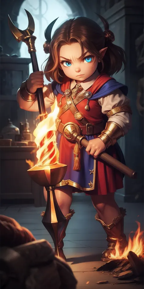 a dwarf with fiery eyes, with a huge magic hammer, metallic skin