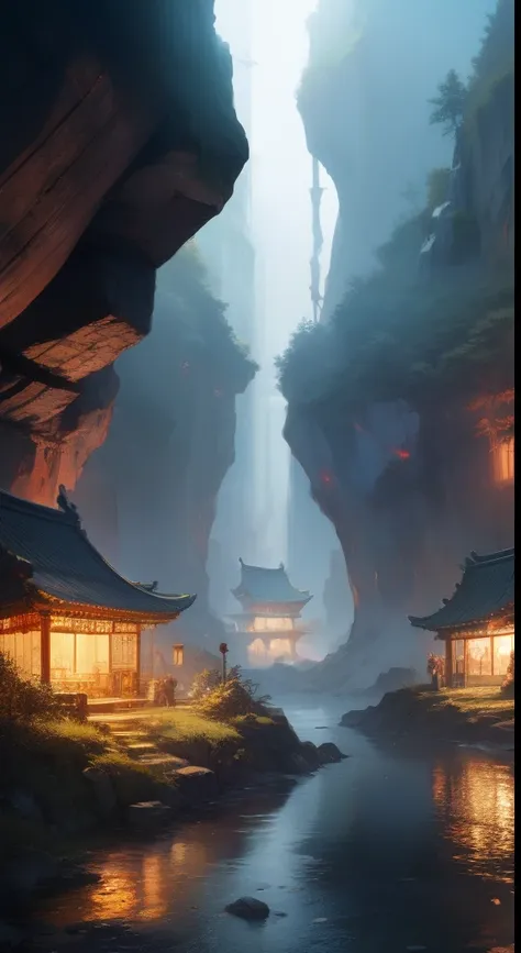 ancient chinese city，in wonderland，high hills，waterfallr，huge scenes