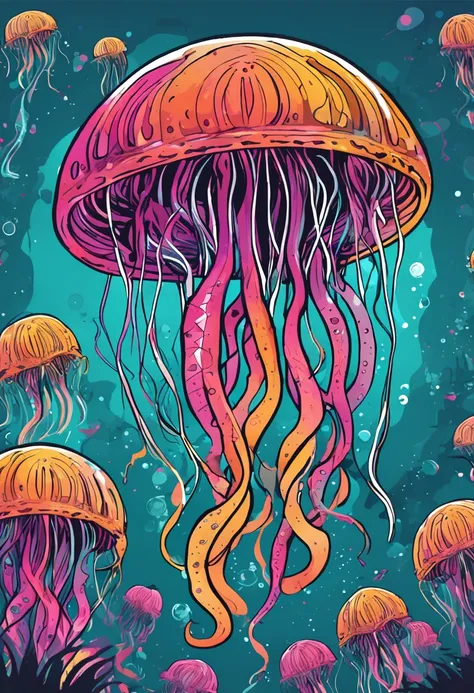 um close up de um Jellyfish correndo em um fundo colorido, Digital octopus , arte vetorial altamente detalhada, Jen Bartel, estilo de arte impressionante, estilo de arte vetorial, arte do Adobe Illustrator, Arte de Alessandro Pautasso, Arte vetorial HD, Ho...