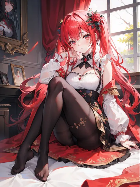 (Extremely detailed CG unity),Detailed clothes, Masterpiece, An extremely delicate and beautiful, full body shot of, 1girll, Sitting position,  messy  hair, Beautiful detailed eyes，red color eyes, lacepantyhose，florals