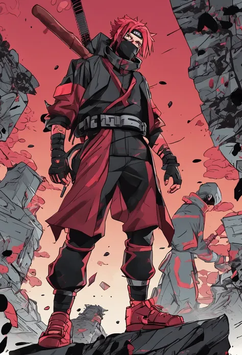 crie uma imagem do naruto com roupa preta, cabelo vermelho e armas ninjas