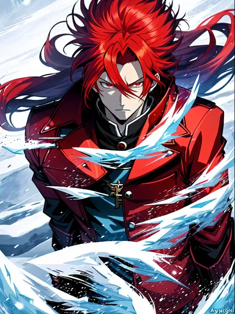 Anime characters with long red hair and red eyes in snowy landscapes, Ice Mage,Tall anime guy with red eyes, freezing blue skin, Key anime art, , male anime character,  Detailed key anime art, full portrait of magical knight, Red coat, with ice powers