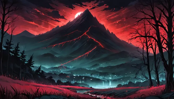 (masterpiece, best quality:1.4), cinematic light, colorful, high contrast, mountain, grass, tree, night, (horror (theme):1.2), (mon(masterpiece, best quality:1.4), (captivating digital art), cinematic lighting, colorful, high contrast, eerie mountain lands...