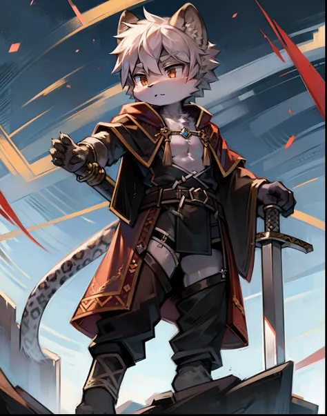 A raccoon，Warrior image，A sword is inserted into the scabbard，Shota，adolable，Robe，solo person，Round ears，Leopard print，Long tail，full bodyesbian，Brown battle robes