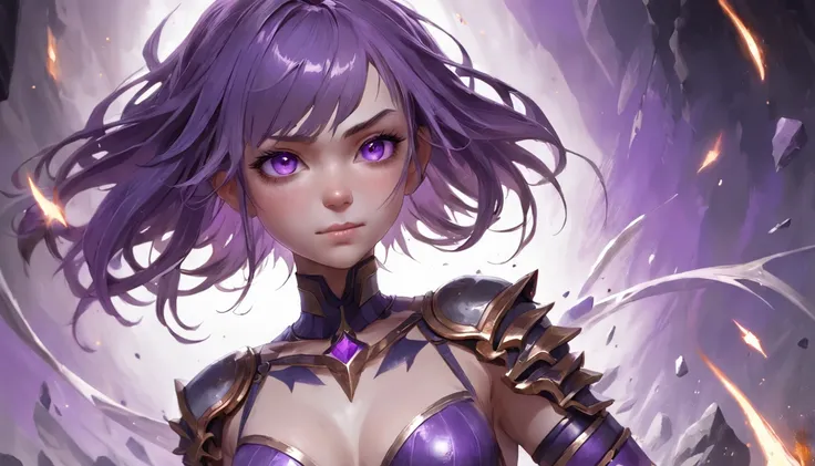 best quality, ultra high res, photorealistic, sfw, armored wizard, magical tattoos, apprentice, 1girl, looking at viewer, upper body, slender, small breasts, purple hair with white stripes, white croptop, (dark and moody universe:1.3), (elden ring style:1....