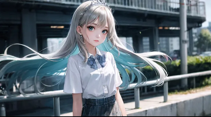 1girl, (masterpiece:1.1), (best quality:1.1), (white blouse:1.1), (plaid skirt:1.1), school uniform, high waist skirt, BREAK [blue:pink:0.5] theme, (Urban Background: 1.1), denim lens, break silver, long hair, green eyes, delicate tiara, sideways,