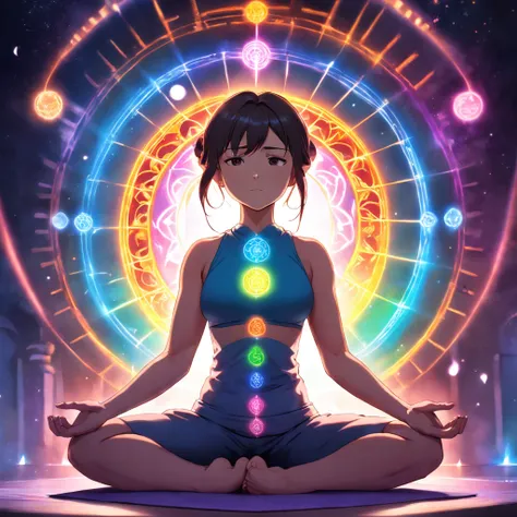 Yoga position light spectrum with the seven chakras around, vibrante colors