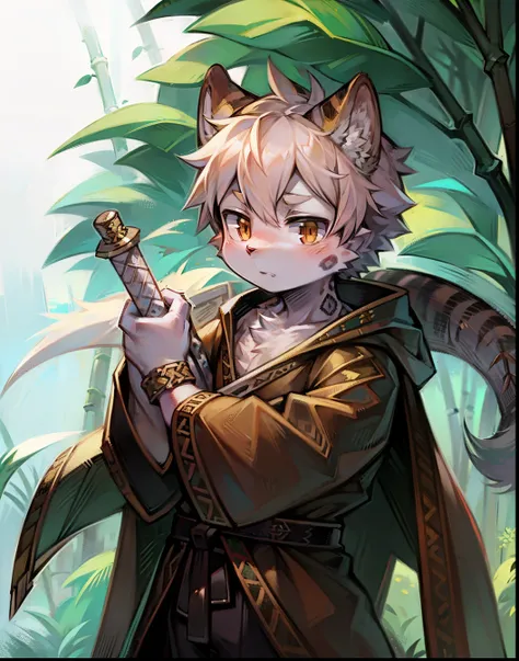 one tiger，Warrior image，Carrying a sword on his back，bamboo forrest，Shota，adolable，Robe，solo person，Round ears，Leopard print