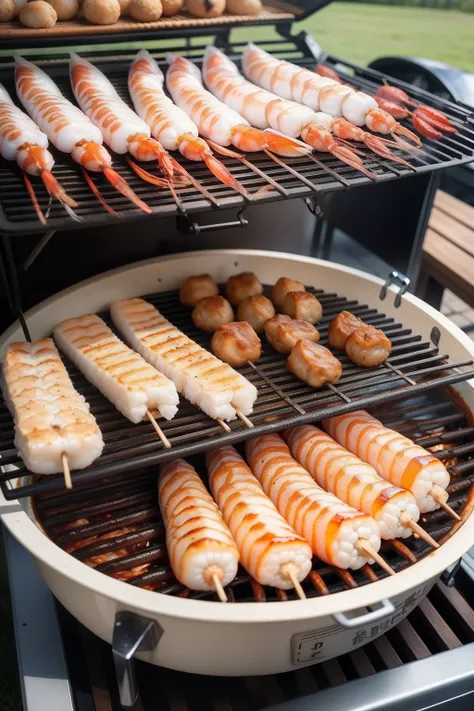 Large white shrimp on one barbecue grill、mackerel、Big squid、chicken、sausage、Boneless chicken drumsticks、Fish balls、Cod balls、Sweet but not spicy、Dried tofu, etc,Grill on a smoking grill over a low fire