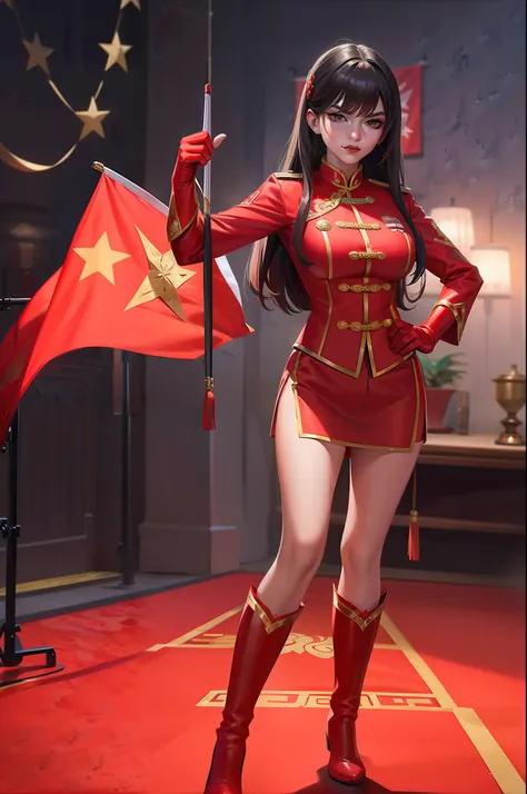 high-end cg screen:superhero five-star red flag girl wearing exquisite chinese five-star flag logo uniform，wear red gloves on bo...