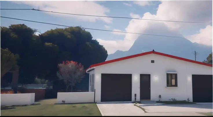 There is a white house with a red roof and a red roof, ((gta 5 casa screenshot)), renderizado no lumion pro, captura de tela fotorrealista, [ Fotorrealismo 4K ], realista estabelecendo tiro, semi-realistic rendering, renderizado em lumion, fully detailed r...