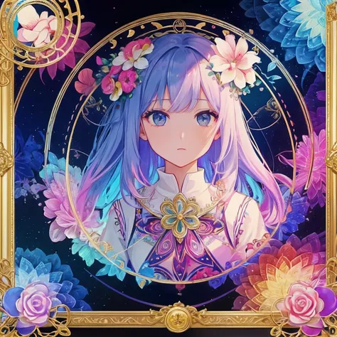 Beauty 1 person、(​masterpiece、top-quality、top-quality、Beautifully Aesthetic:1.2)、(1girl in:1.3)、(Fractal Art:1.3)、picture frame、rainbow-colored hair、Detail Frame、Dynamic、florals、round frame、Florals Kui、Lots of petals fluttering、Expressive thinking、Florals ...