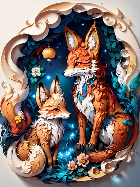 tmasterpiece，best qualityer，A piece of paper drawing，Beautiful Chinese fairy and fox together，