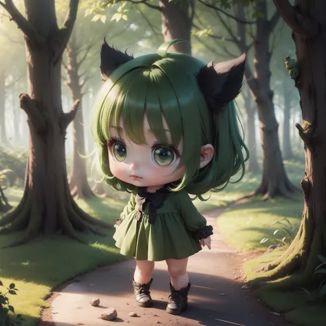 Cute Baby Chibi Anime,Dark Green Sauvage Hair,Green and dark green clothes,Fantastic fairytale forest,Standing.