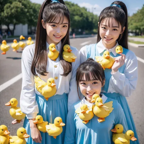 (8K、RAW Photos、top-quality、​masterpiece:1.5)、(realisitic、Photorealsitic:1.5)、ultra-detailliert、超A high resolution、lighting like a movie、(((Idols who love ducks)))、(((Japan 16 year old girls)))、(((Wearing a cute costume with a duck motif)))、(a lot of yellow...