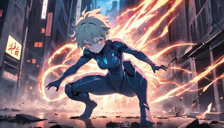 fighting , glowing eyes, short hair,torn tight supersuit, in a destroyed city, smoke and fire, glowing power aura, dynamic pose, dynamic view