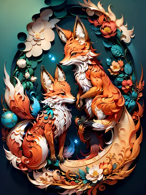 tmasterpiece，best qualityer，A piece of paper drawing，Beautiful Chinese fairy and fox together，