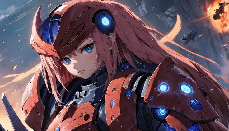 ((best quality)), ((masterpiece)), (detailed), beautiful face, female chaos marine, (defiance512:1.2), big eyes, heavy space marine armor, detailed helmet, intense gaze, battle-ready, contrasting soft skin, (lighting:1.2), warhammer 40k,