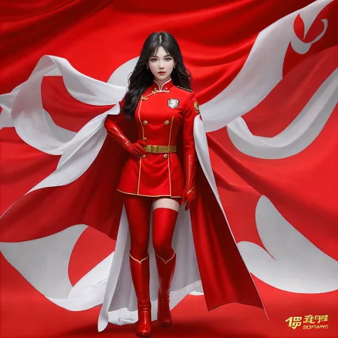 high-end cg superhero five-star red flag girl wearing exquisite chinese five-star flag logo uniform，wear red gloves on both hand...