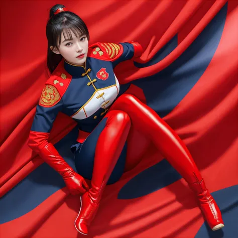 high-end cg screen:superhero five-star red flag girl wearing exquisite chinese five-star flag logo uniform，wear red gloves on bo...