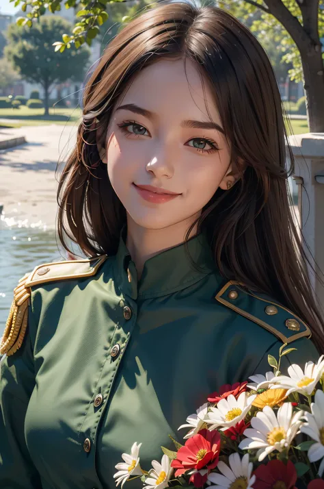 A beautiful girl，A sweet smile，（Face details:1.6），（Red epaulettes:1.6），（Fighting posture:1.3），Wearing a green military uniform，fresh flowers，lakes，parks