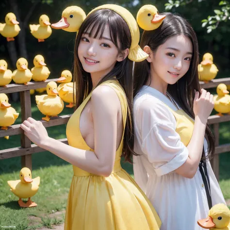 (8K、RAW Photos、top-quality、​masterpiece:1.5)、(realisitic、Photorealsitic:1.5)、ultra-detailliert、超A high resolution、lighting like a movie、(((Idols who love ducks)))、(((Japan 16 year old girls)))、(((Wearing a cute costume with a duck motif)))、(a lot of yellow...